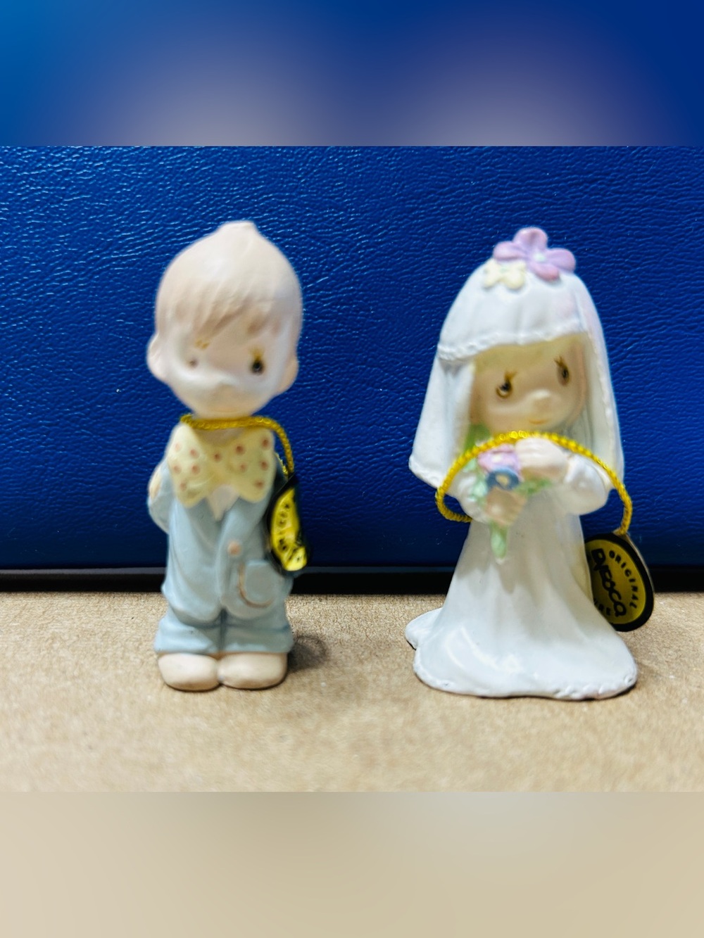 Vintage Precious Moments miniature bride & groom figurines. 1989, with tags.
